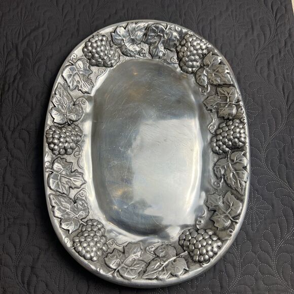 VTG Mexican Pewter Grape & Vine Silver Tray Platter  Large Holiday Serverware - Picture 1 of 12